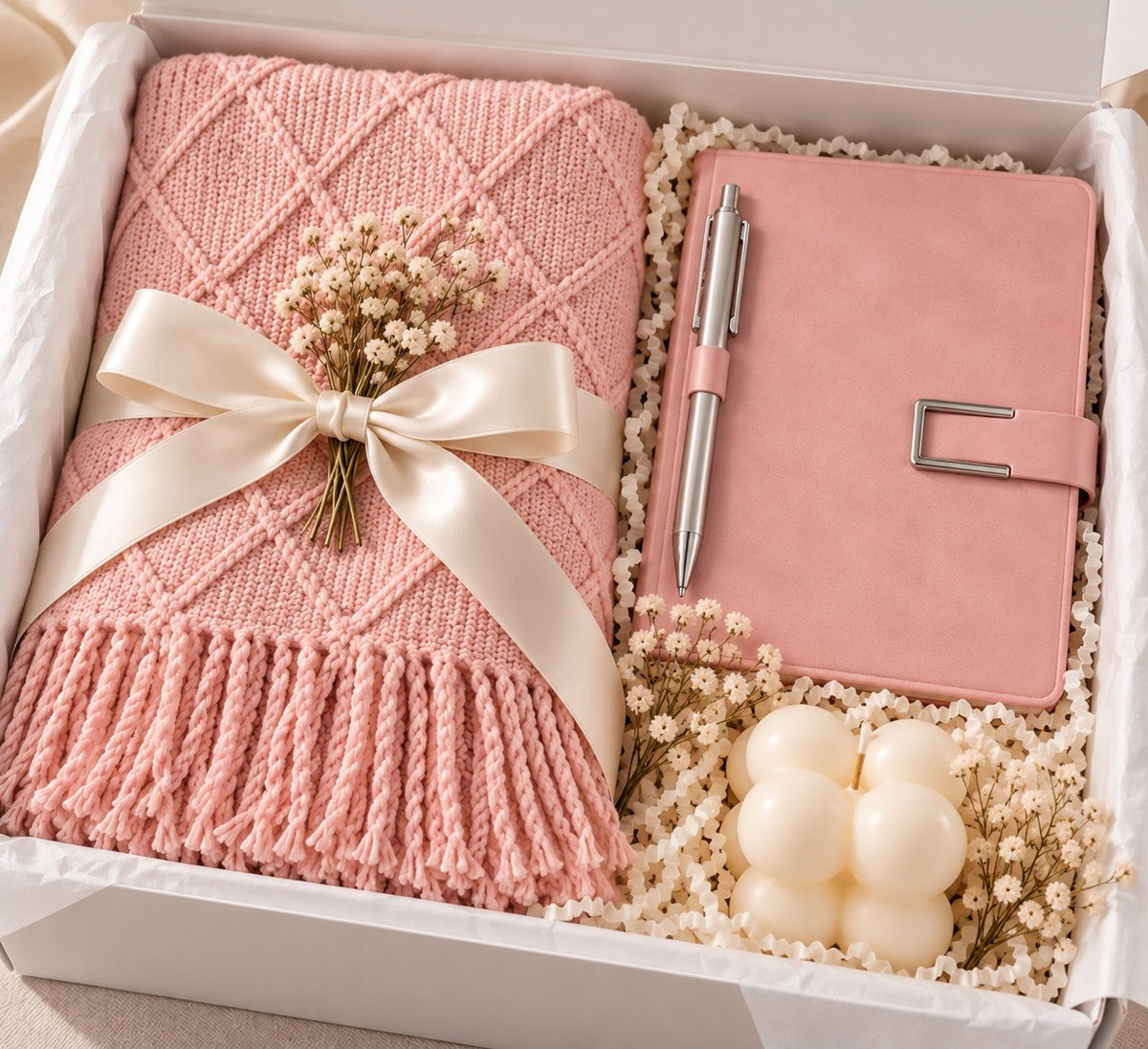 ALILUNE Blush Notes Gift Box with a blush-pink knitted throw and matching pink journal, silver-tone and pink pen, ivory bubble candle and delicate floral accents