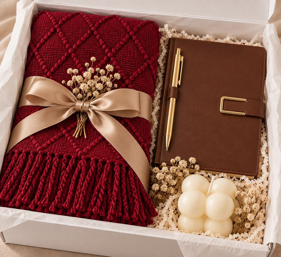 ALILUNE Burgundy & Cocoa Gift Box with a burgundy knitted throw and brown journal, gold-tone pen, ivory bubble candle and delicate floral accents