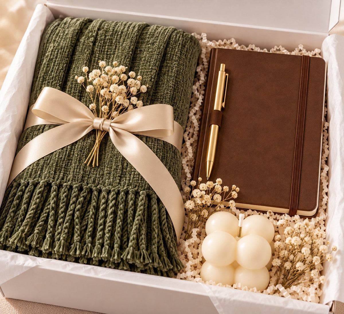 ALILUNE Olive & Cocoa Gift Box with a olive-green knitted throw and brown journal, gold-tone pen, ivory bubble candle and delicate floral accents
